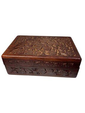 Hand Carved Wooden Box India Floral Leaf Design Rectangular Jewelry Trinket 7x5"